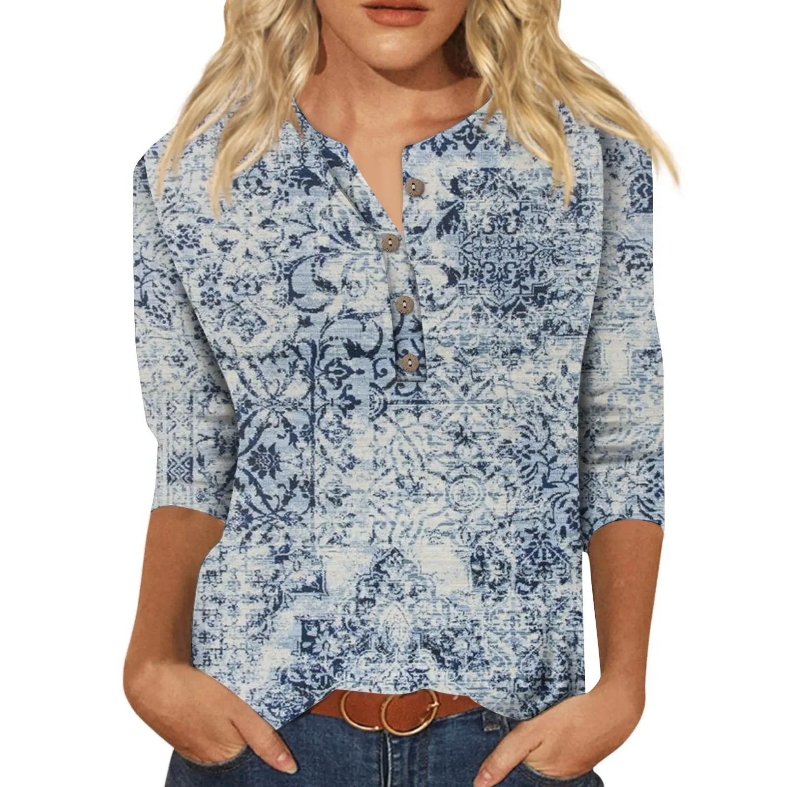 Women'S Fashion T Shirt Print Casual Long Sleeve Seven Part Sleeve Button Retro Print Neck Top Vintage Shirts Ropa Aesthetic New
Women'S Fashion T Shirt Print Casual Long Sleeve Seven Part Sleeve Button Retro Print Neck Top Vintage Shirts Ropa Aesthetic New