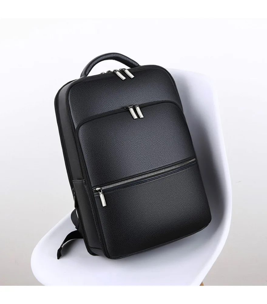Black full leather backpack with three groups of metal zipper pulls anti scratch compact shape for men formal work travel
Black full leather backpack with three groups of metal zipper pulls anti scratch compact shape for men formal work travel