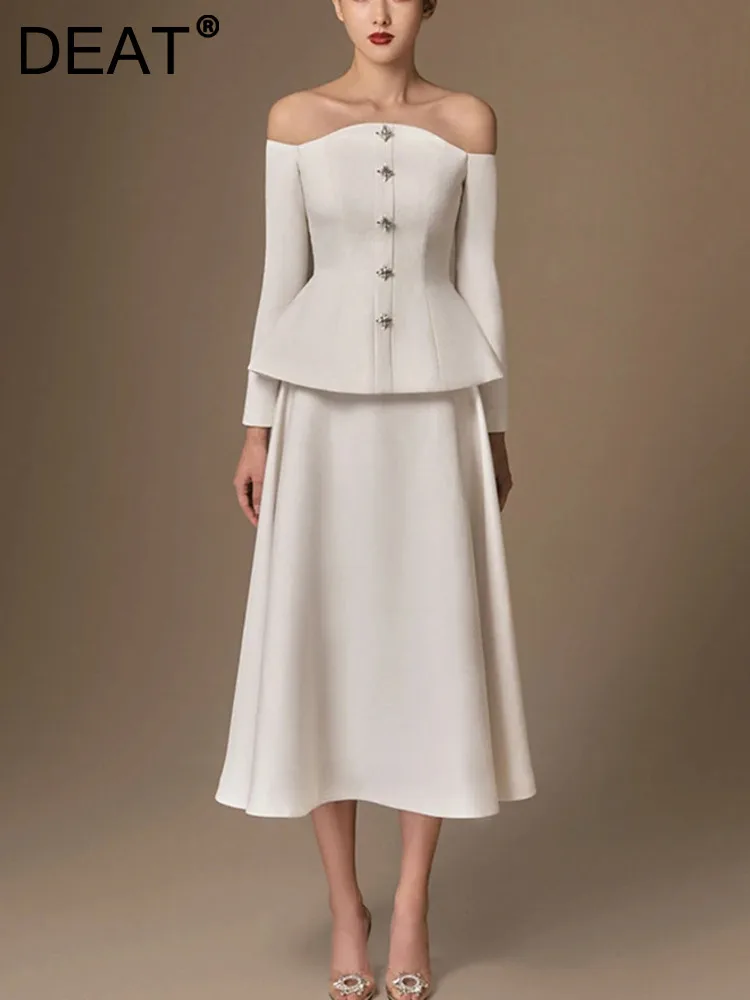 DEAT Women's New 2 Pcs Set Rhinestone Button Strapless Long Sleeve Top Waist Loose A Line Skirt Suit Female Summer 2024 13DB7060
DEAT Women's New 2 Pcs Set Rhinestone Button Strapless Long Sleeve Top Waist Loose A Line Skirt Suit Female Summer 2024 13DB7060
