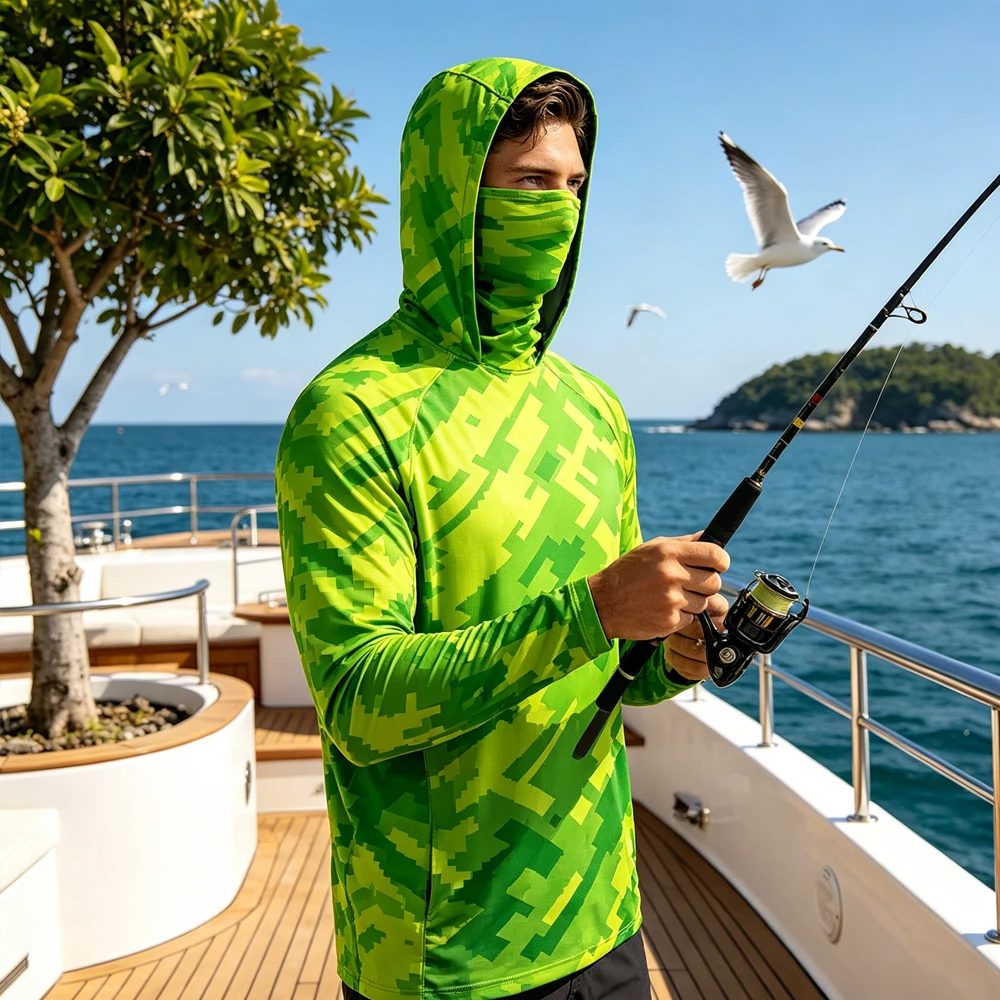 Men Hooded Fishing Shirt Long Sleeve With Face Mask UPF50+ Quick Dry Breathable Outdoor Camping Hiking Running Angling Clothes
Men Hooded Fishing Shirt Long Sleeve With Face Mask UPF50+ Quick Dry Breathable Outdoor Camping Hiking Running Angling Clothes