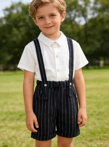 Summer Boys' Set White Short Sleeved Shirt Striped Suspender Shorts Two-piece Set Fashion and Cute Kids
Summer Boys' Set White Short Sleeved Shirt Striped Suspender Shorts Two-piece Set Fashion and Cute Kids
