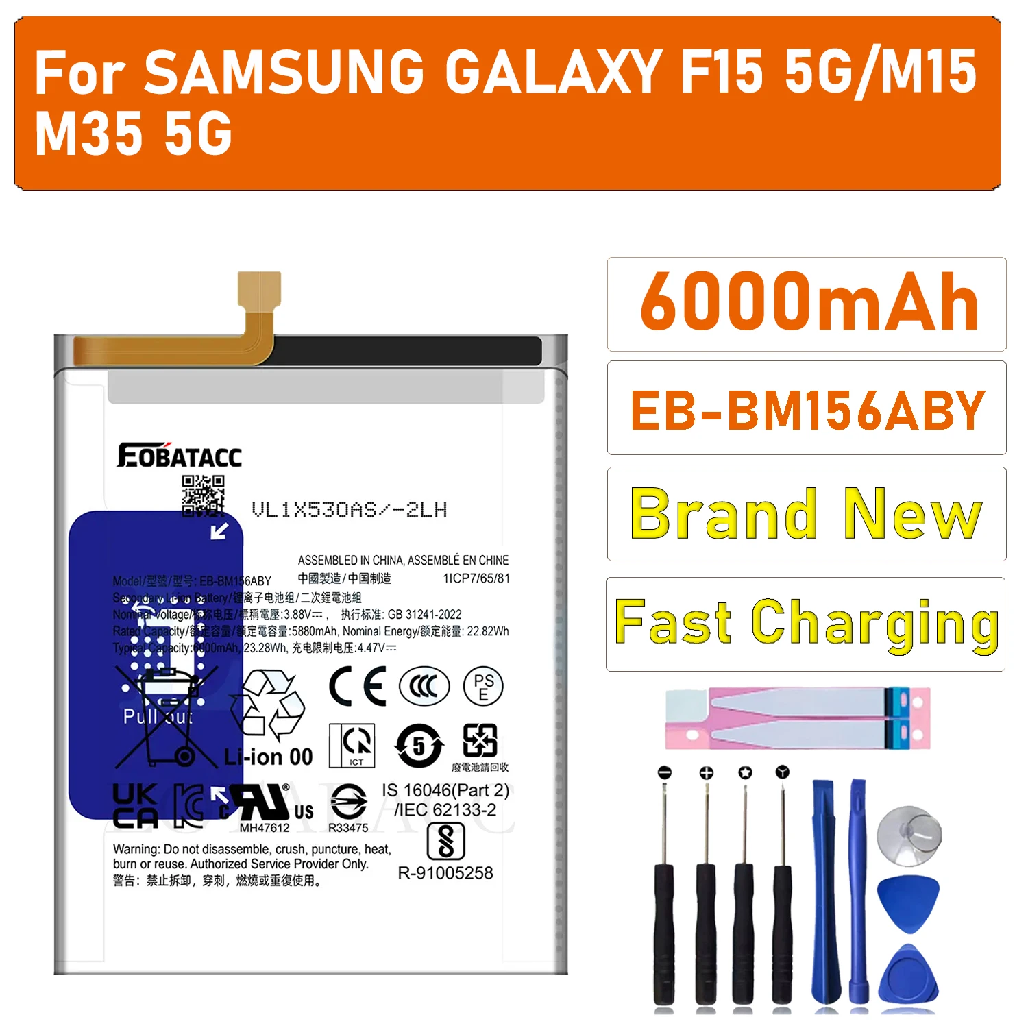 2025 лет EOTABACC 100% новый высококачественный аккумулятор EB-BM156ABY для Samsung F15 5G/M15/M35 5G аккумулятор + инструменты
2025 лет EOTABACC 100% новый высококачественный аккумулятор EB-BM156ABY для Samsung F15 5G/M15/M35 5G аккумулятор + инструменты