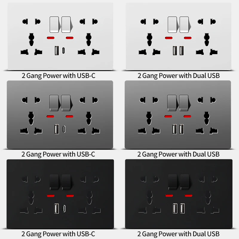 Universal Wall Socket with USB-C USB Charger & Switches, 2 Gang Power Outlet With LED, Flush Mount, AC 110-250V
Universal Wall Socket with USB-C USB Charger & Switches, 2 Gang Power Outlet With LED, Flush Mount, AC 110-250V