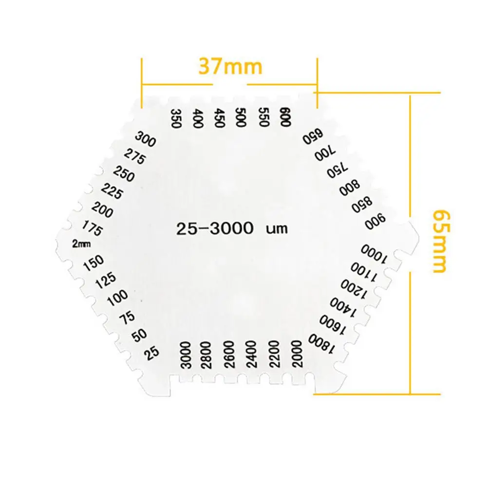 High Precision 24 36 Steps Stainless Steel Hexagonal Wet Film Comb Gauge Thickness Measuring Tool Tester 3000um
High Precision 24 36 Steps Stainless Steel Hexagonal Wet Film Comb Gauge Thickness Measuring Tool Tester 3000um