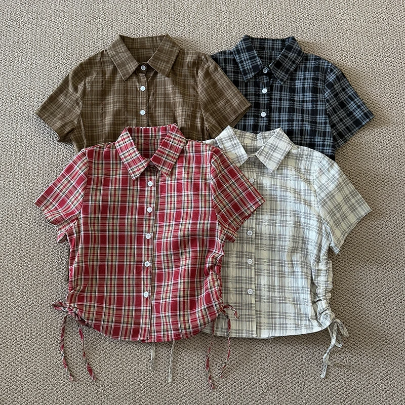 Wedbleser Temperament Plaid Strap Waist Cinching Lapel Shirt 2025 Summer New Korean Women Loose Short Sleeved Lace Cardigan 
Wedbleser Temperament Plaid Strap Waist Cinching Lapel Shirt 2025 Summer New Korean Women Loose Short Sleeved Lace Cardigan