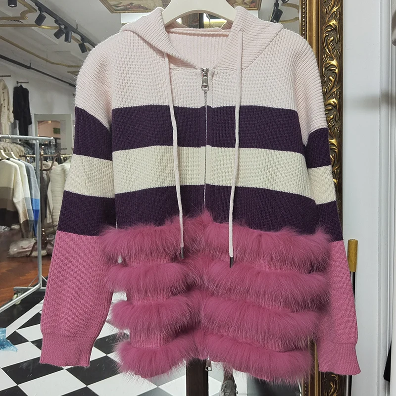 2025 Autumn Knitted Hooded Cardigan With Zipper Real Fox Fur Trim Fashion Long Sleeve Loose Genuine Fur Trim Cardigans Sweater
2025 Autumn Knitted Hooded Cardigan With Zipper Real Fox Fur Trim Fashion Long Sleeve Loose Genuine Fur Trim Cardigans Sweater