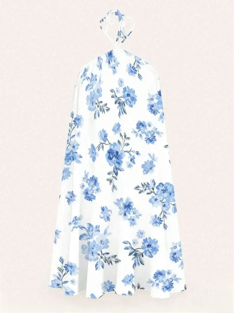 Womens Backless Halter Dress Blue Floral Print White Loose Casual Vacation Dress
Womens Backless Halter Dress Blue Floral Print White Loose Casual Vacation Dress