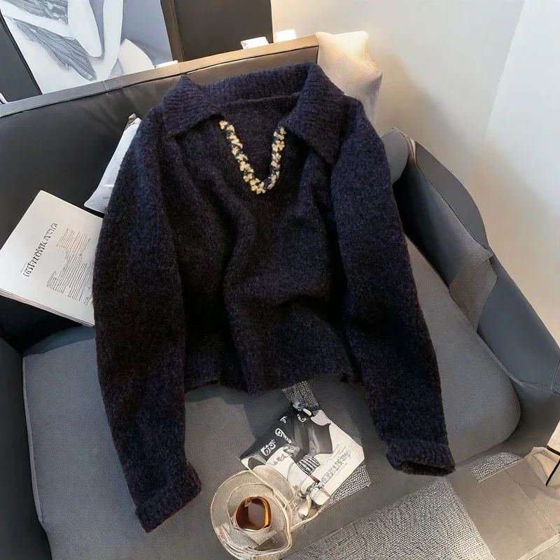 Sequin Nail Bead V-neck Sweater Women's Spring Autumn French Style Loose Versatile Knit Top Commuting Solid Color Pullover
Sequin Nail Bead V-neck Sweater Women's Spring Autumn French Style Loose Versatile Knit Top Commuting Solid Color Pullover