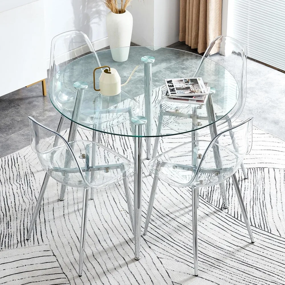 Modern Dining Table Set, Round Glass Table and 4 Clear Acrylic Chairs, Sturdy Chrome Legs, Easy to Clean, for Kitchen and Living
Modern Dining Table Set, Round Glass Table and 4 Clear Acrylic Chairs, Sturdy Chrome Legs, Easy to Clean, for Kitchen and Living