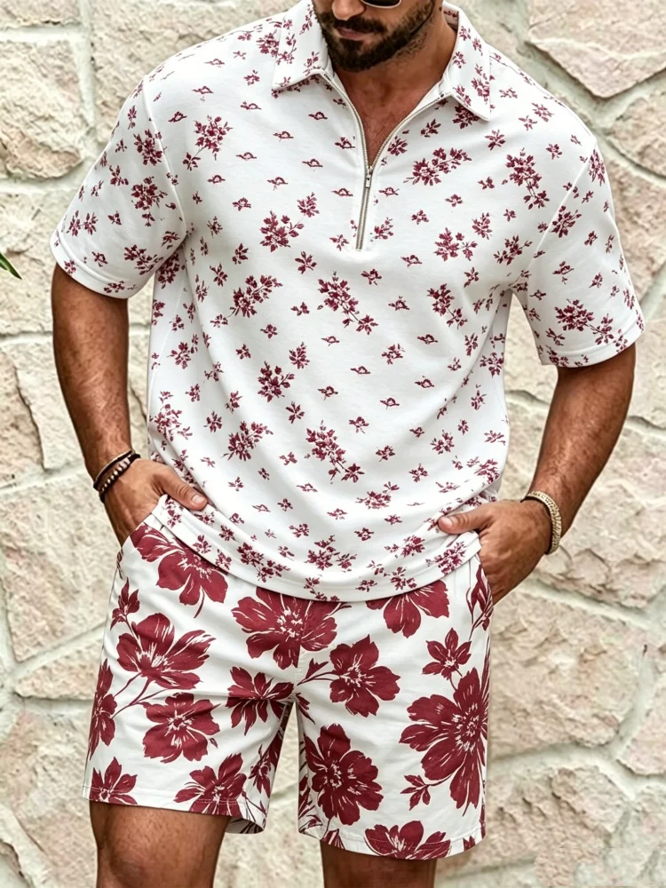 Men's Half-Zip Short Sleeve Shirt & Shorts Set, Loose Comfort Red Floral Print Casual Summer Outfit
Men's Half-Zip Short Sleeve Shirt & Shorts Set, Loose Comfort Red Floral Print Casual Summer Outfit