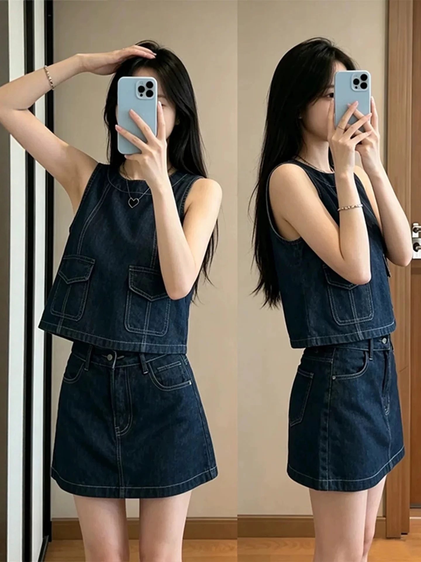 Summer Slimming Korean Style Women's Fashion Set with Sleeveless Vest And A-Line Skirt Two-Piece High Waist Denim Skirt
Summer Slimming Korean Style Women's Fashion Set with Sleeveless Vest And A-Line Skirt Two-Piece High Waist Denim Skirt