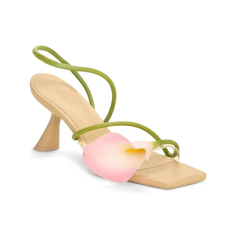Women's Beige Square-Toe Kitten Heel Sandals Green Crisscross Straps with 3D Pink Flower Accent Unique Sculptural Heel Footwear
Women's Beige Square-Toe Kitten Heel Sandals Green Crisscross Straps with 3D Pink Flower Accent Unique Sculptural Heel Footwear