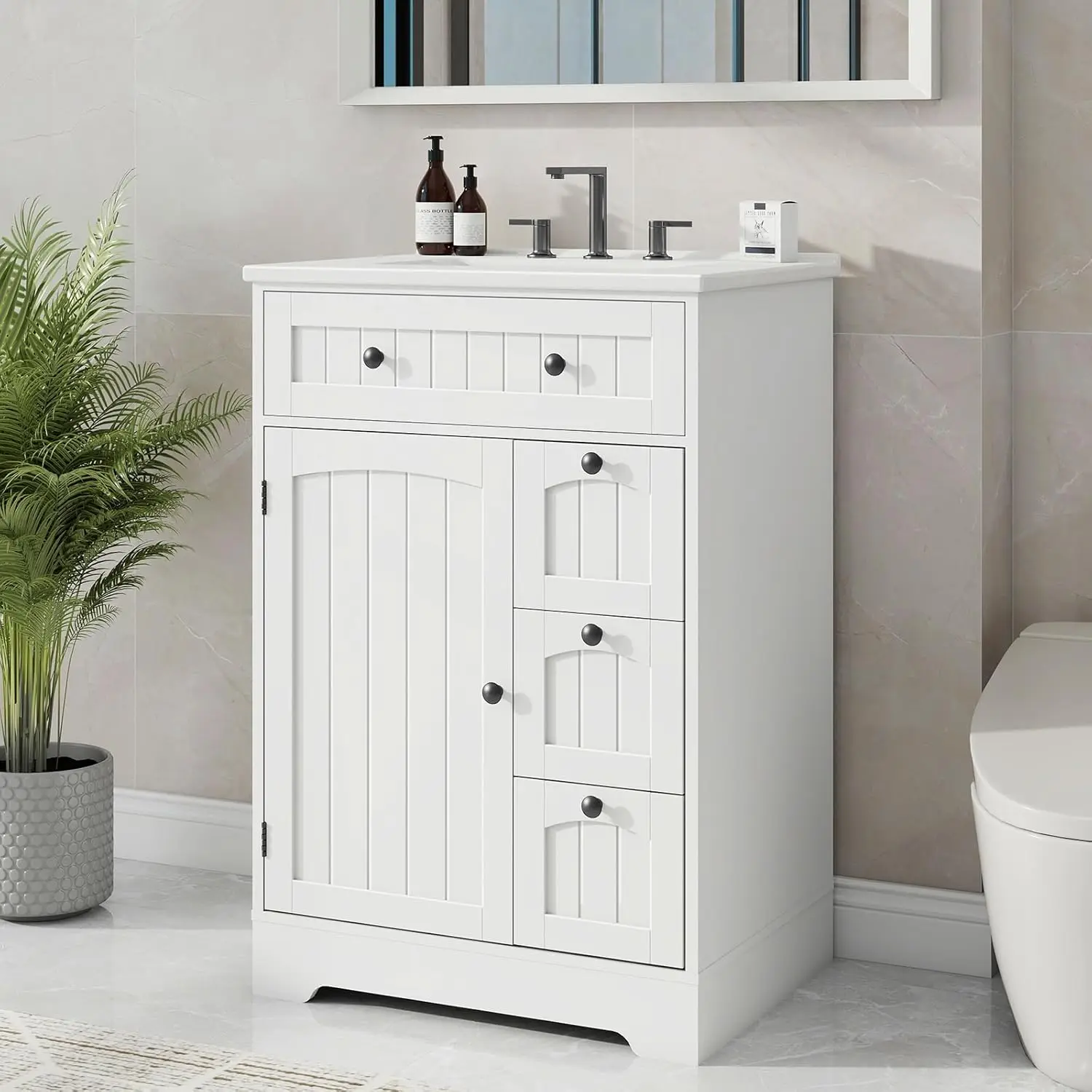 Freestanding Bathroom Vanity Cabinet with Ceramic Sink, 4 Drawers & Sliding Door, White, Customized
Freestanding Bathroom Vanity Cabinet with Ceramic Sink, 4 Drawers & Sliding Door, White, Customized