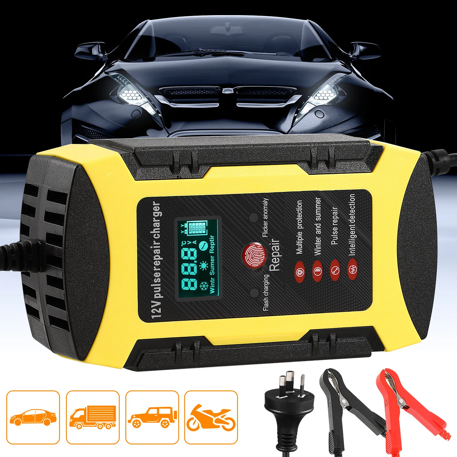 12V 6A Car Battery Charger Yellow Digital Display Detection Overcharge Protection Motorcycle Accessories
12V 6A Car Battery Charger Yellow Digital Display Detection Overcharge Protection Motorcycle Accessories
