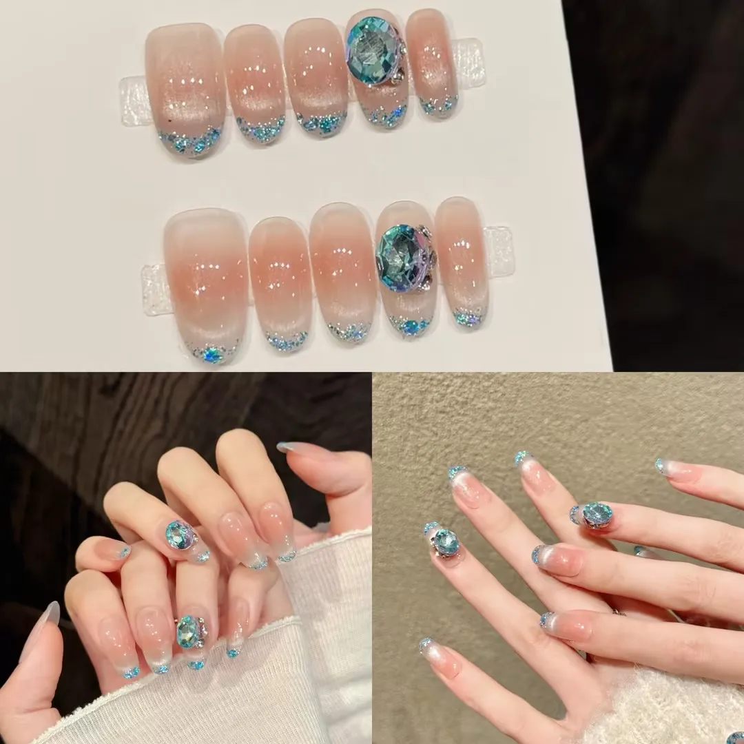 10pcs Handmade Fake Nails Short Oval/Middle Oval Bare powder gradient Press On Nails False Nails French Blue diamond design
10pcs Handmade Fake Nails Short Oval/Middle Oval Bare powder gradient Press On Nails False Nails French Blue diamond design