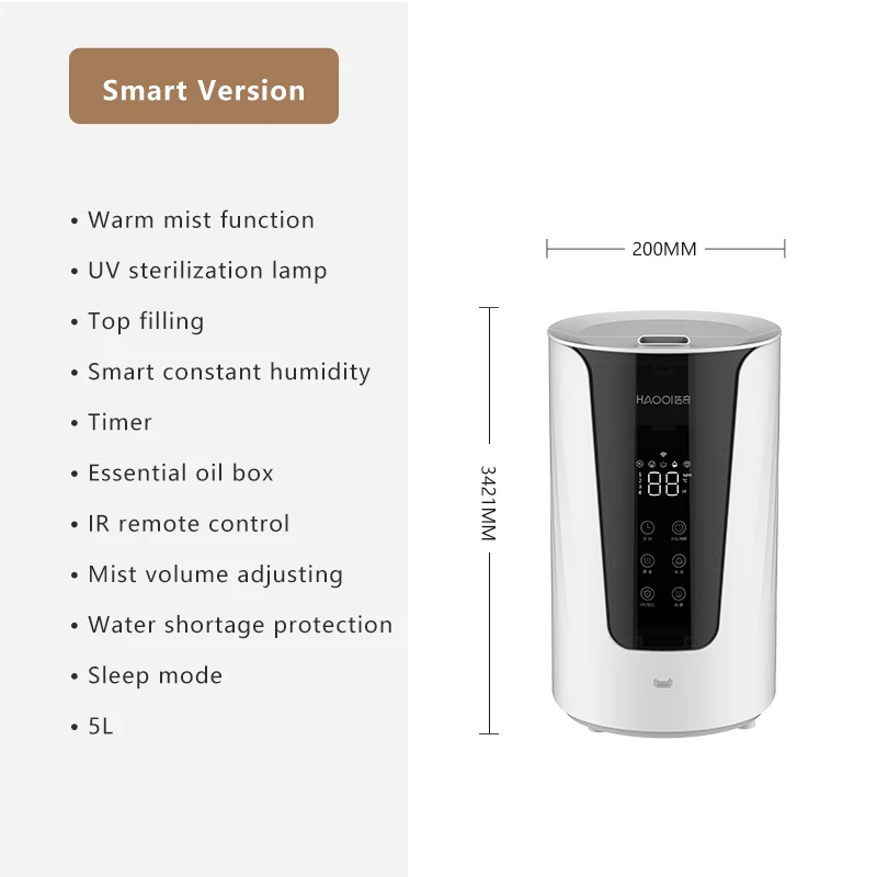 5L 600ml/h Large Mist Volume Desktop Warm Mist Ultrasonic Humidifier Remote Control WiFi App Optional New TPC Heating Head
5L 600ml/h Large Mist Volume Desktop Warm Mist Ultrasonic Humidifier Remote Control WiFi App Optional New TPC Heating Head