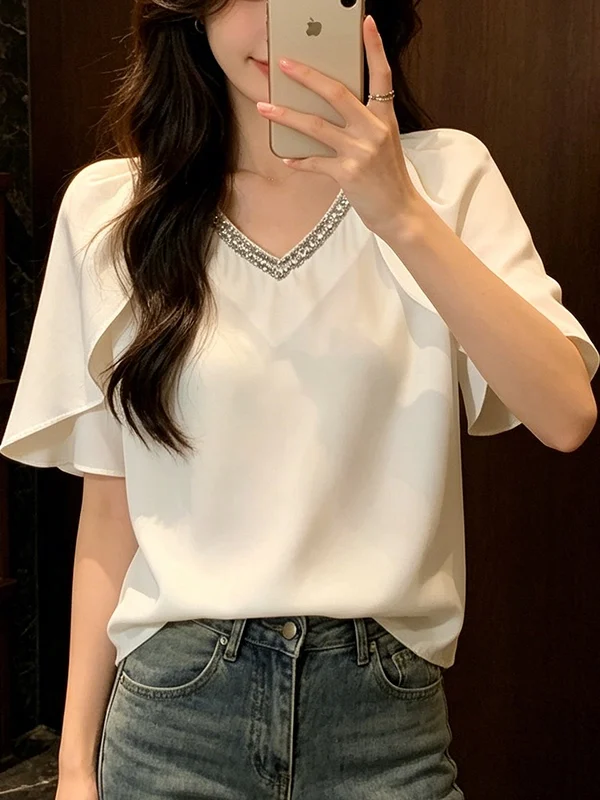Elegant plus Size Women's Shirt Pure Color V-Neck Short Sleeve Loose Frock Design Korean Style Commute Wind Summer New Arrival
Elegant plus Size Women's Shirt Pure Color V-Neck Short Sleeve Loose Frock Design Korean Style Commute Wind Summer New Arrival