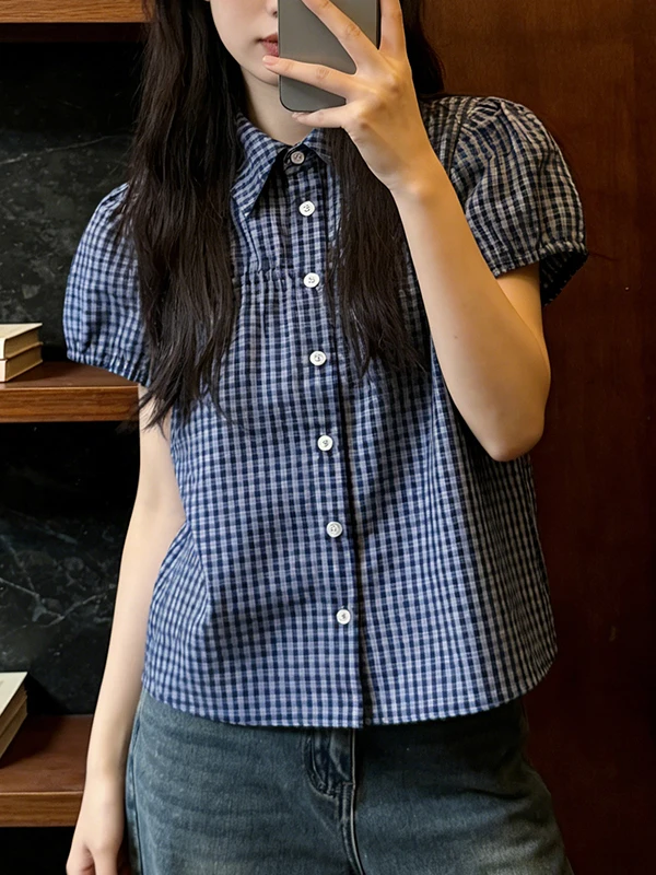 Blue Plaid Color Block Bubble Sleeve Collar Shirt Women's Loose Fit Summer New Style Slimming Ageless Open Cardigan Top
Blue Plaid Color Block Bubble Sleeve Collar Shirt Women's Loose Fit Summer New Style Slimming Ageless Open Cardigan Top