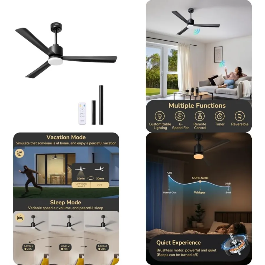 52" Matte Black Ceiling Fans with Lights, Noiseless, Remote Control, 3CCT Dimmable, Reversible DC Motor, 6 Speeds, door Ceilg F
52" Matte Black Ceiling Fans with Lights, Noiseless, Remote Control, 3CCT Dimmable, Reversible DC Motor, 6 Speeds, door Ceilg F