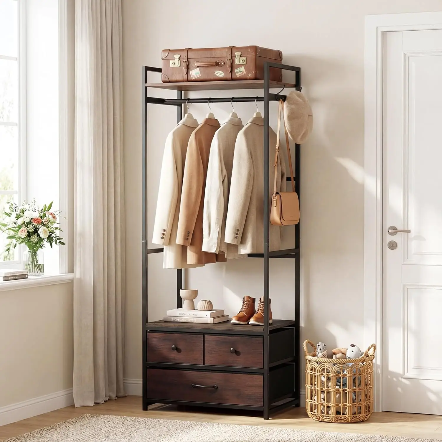 Freestanding Small Clothes Rack, Heavy Duty Coat Rack with Drawers, Shelves, Hooks & Hanging Rod, Metal Closet, Customized
Freestanding Small Clothes Rack, Heavy Duty Coat Rack with Drawers, Shelves, Hooks & Hanging Rod, Metal Closet, Customized