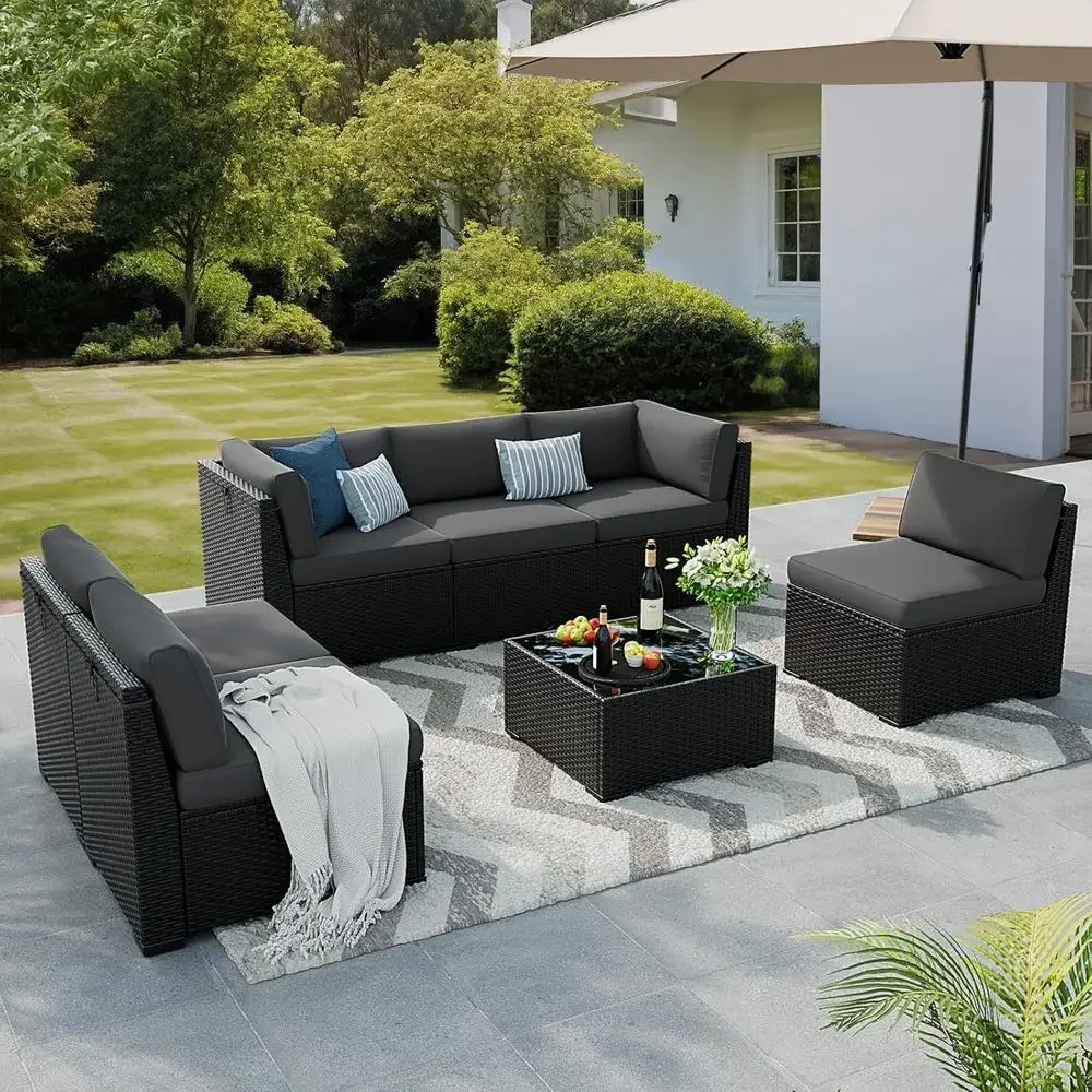 7-Piece Outdoor Sectional Sofa Set with Waterproof Cover, Black PE Wicker Rattan, Slanted Back, Cushions, and Glass Coffee Table
7-Piece Outdoor Sectional Sofa Set with Waterproof Cover, Black PE Wicker Rattan, Slanted Back, Cushions, and Glass Coffee Table