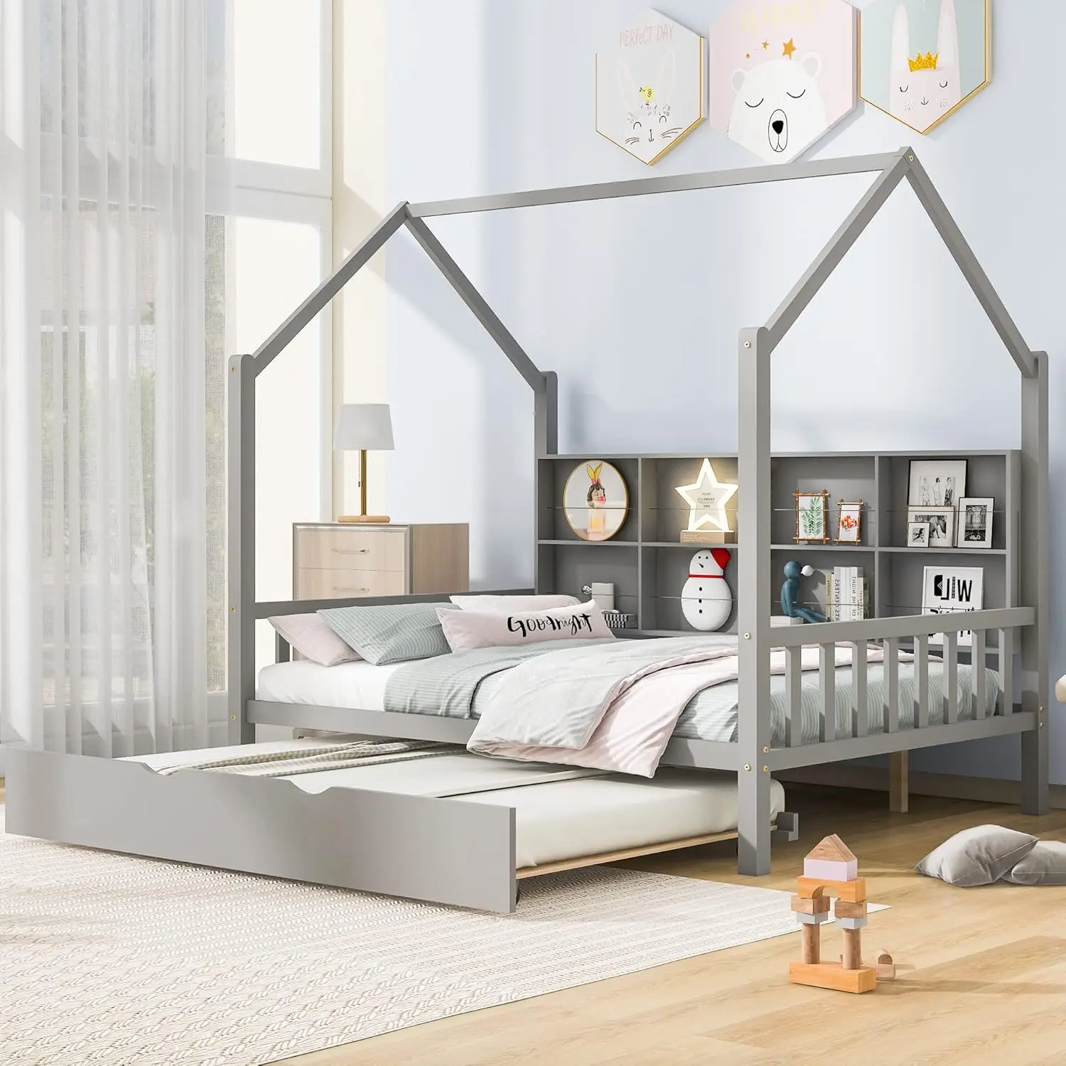 Full Size House Bed With Trundle,Pine Wood Playhouse Bed Frame W/Storage Shelf,Front And Rear Guardrails,No Box Spring
Full Size House Bed With Trundle,Pine Wood Playhouse Bed Frame W/Storage Shelf,Front And Rear Guardrails,No Box Spring
