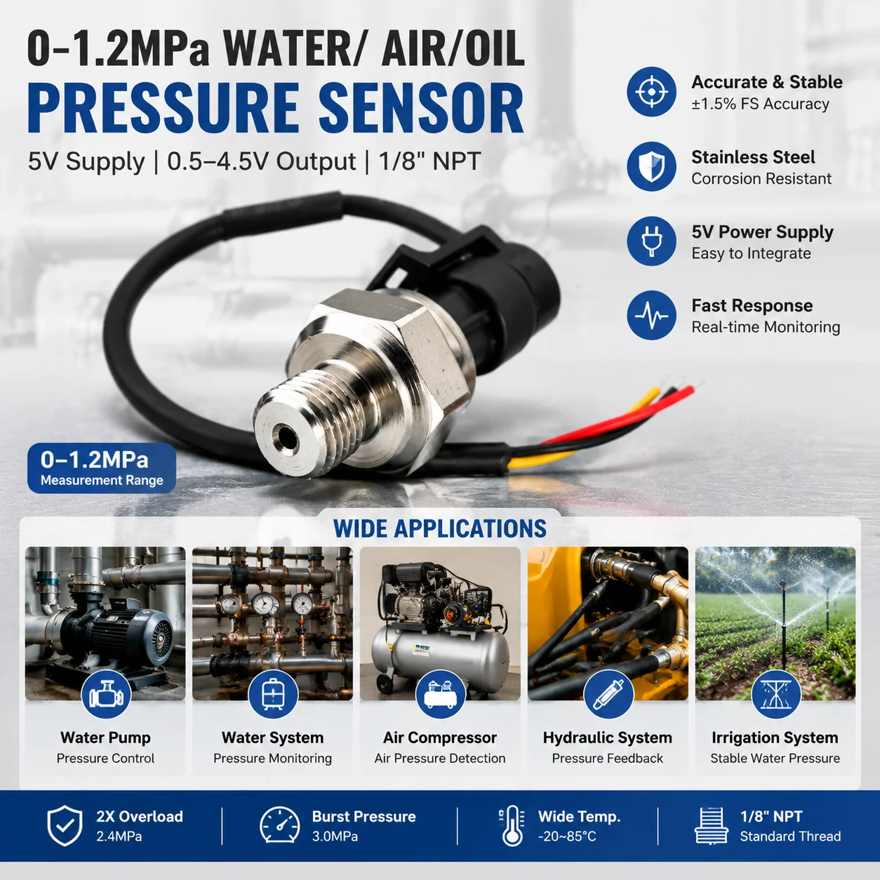 0-1.2MPa 5V Water Sensor, Pressure Detector Water and AirSensor Oil Pressure Sensor
0-1.2MPa 5V Water Sensor, Pressure Detector Water and AirSensor Oil Pressure Sensor