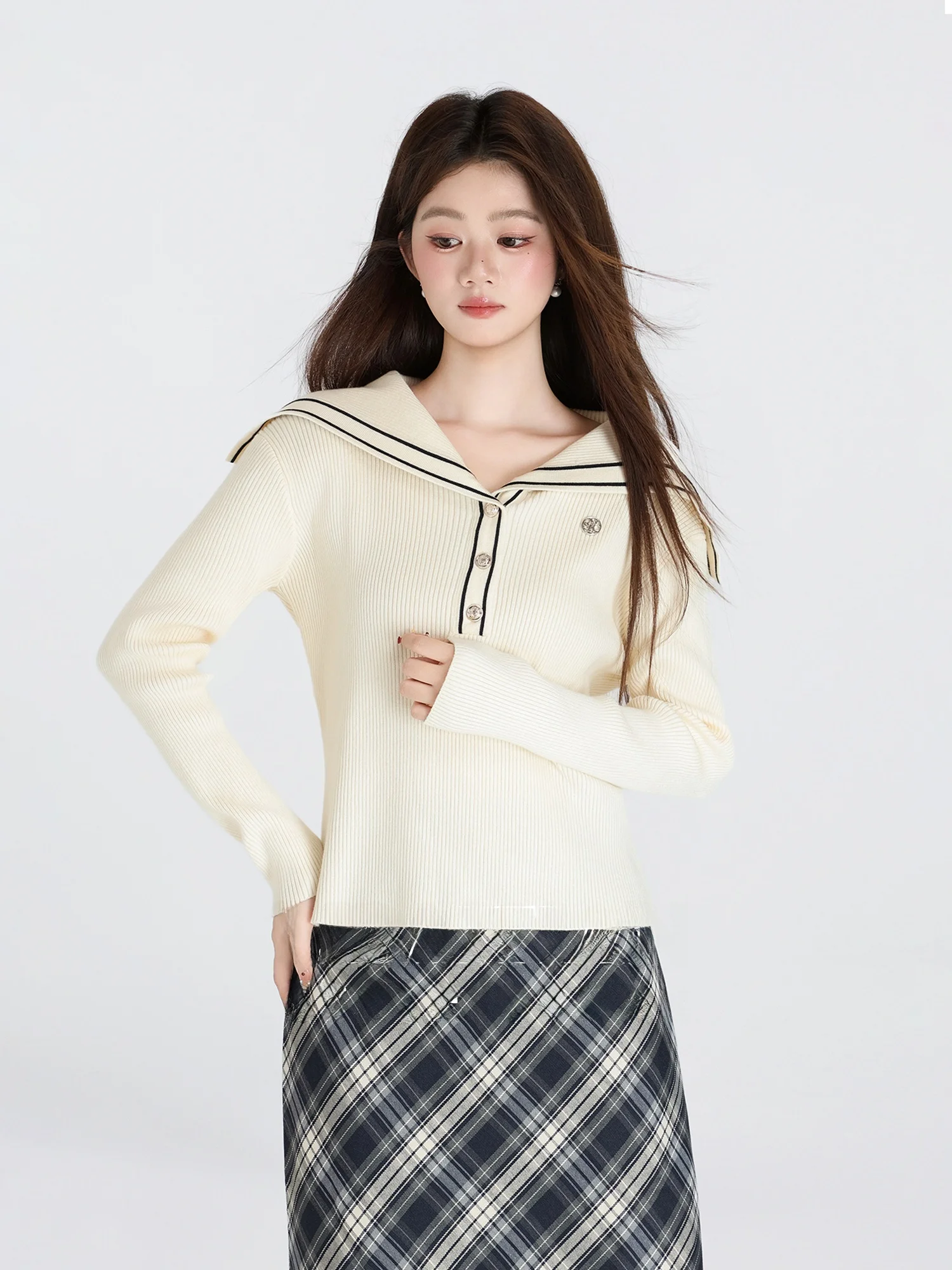 Spring 2026 Women's Navy Collar Long Sve Knitted Sweater Slim Fit Waist Cinched ort Sle College Sle V Ne Top
Spring 2026 Women's Navy Collar Long Sve Knitted Sweater Slim Fit Waist Cinched ort Sle College Sle V Ne Top