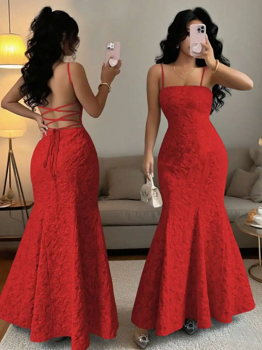 Elegant Red Sleeveless Cross Tie Floral Textured Satin Halter Fishtail Women Party Dress
Elegant Red Sleeveless Cross Tie Floral Textured Satin Halter Fishtail Women Party Dress