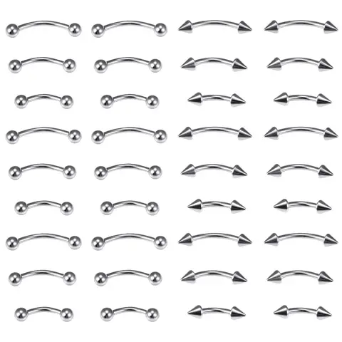 36pcs Eyebrow Lip Piercing Banana Shape Lip Ring Stainless Steel Curved Barbell Stud Helix Navel Cartilage Earring Body Jewelry