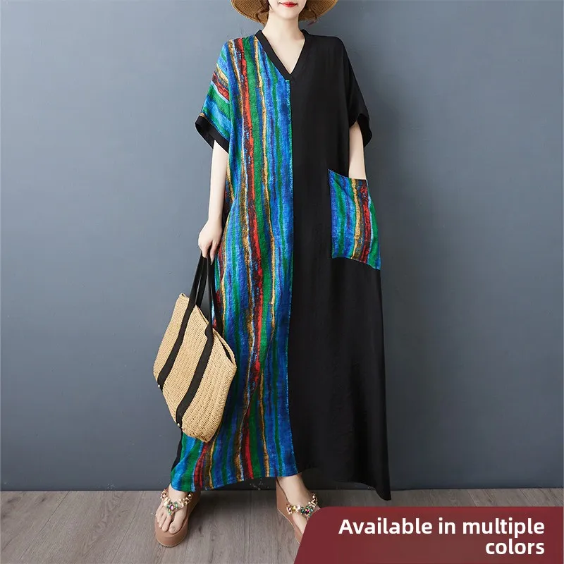 Slimming Long V-Neck Short Sleeve Color Block Cotton Linen Blend plus Size Dress Casual Summer Commute Style Loose Fit Dress
Slimming Long V-Neck Short Sleeve Color Block Cotton Linen Blend plus Size Dress Casual Summer Commute Style Loose Fit Dress