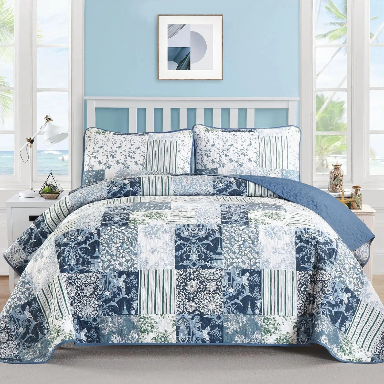 King Size Patchwork Quilt Set, Blue White Floral Bedspread 3 Pieces, Lightweight Soft Coverlet with 2 Pillow Shams for All
King Size Patchwork Quilt Set, Blue White Floral Bedspread 3 Pieces, Lightweight Soft Coverlet with 2 Pillow Shams for All