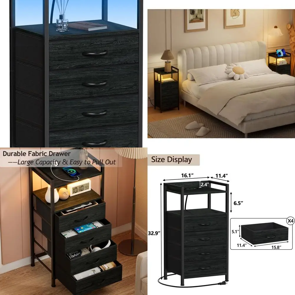 Черная тумбочка со светодиодной подсветкой и зарядным портом, ящиками и тканевым ящиком для хранения современных спален
Черная тумбочка со светодиодной подсветкой и зарядным портом, ящиками и тканевым ящиком для хранения современных спален