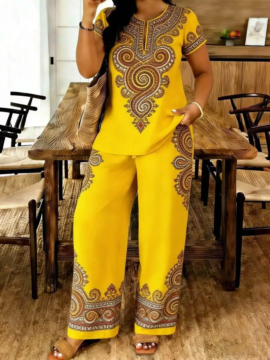 Plus Size Women Short Sleeve Notch Neck Palazzo Pants Set Retro Ethnic Print Yellow Summer Comfortable Woven
Plus Size Women Short Sleeve Notch Neck Palazzo Pants Set Retro Ethnic Print Yellow Summer Comfortable Woven