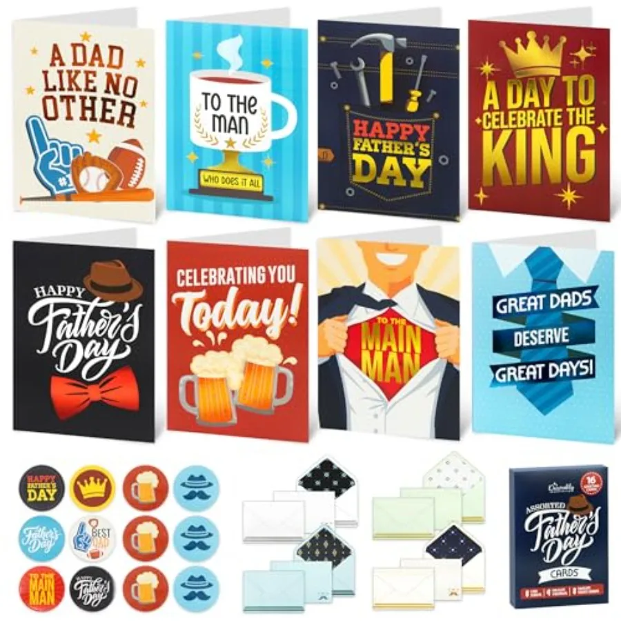 16 Pack Foiled 5x7in Fathers Day Cards for Dad with Envelopes and Stickers, 8 Stylish Designs - Box of Father's Day Cards with
16 Pack Foiled 5x7in Fathers Day Cards for Dad with Envelopes and Stickers, 8 Stylish Designs - Box of Father's Day Cards with