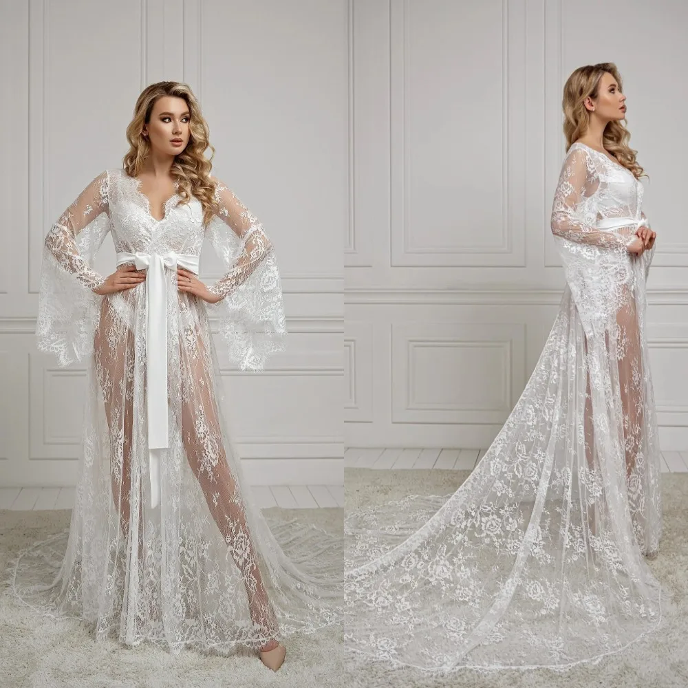 Luxurious White Lace Embroidery Bridal Robe Elegant Long Sleeves vestidos de novia Chapel Train Evening Dress Customized
Luxurious White Lace Embroidery Bridal Robe Elegant Long Sleeves vestidos de novia Chapel Train Evening Dress Customized