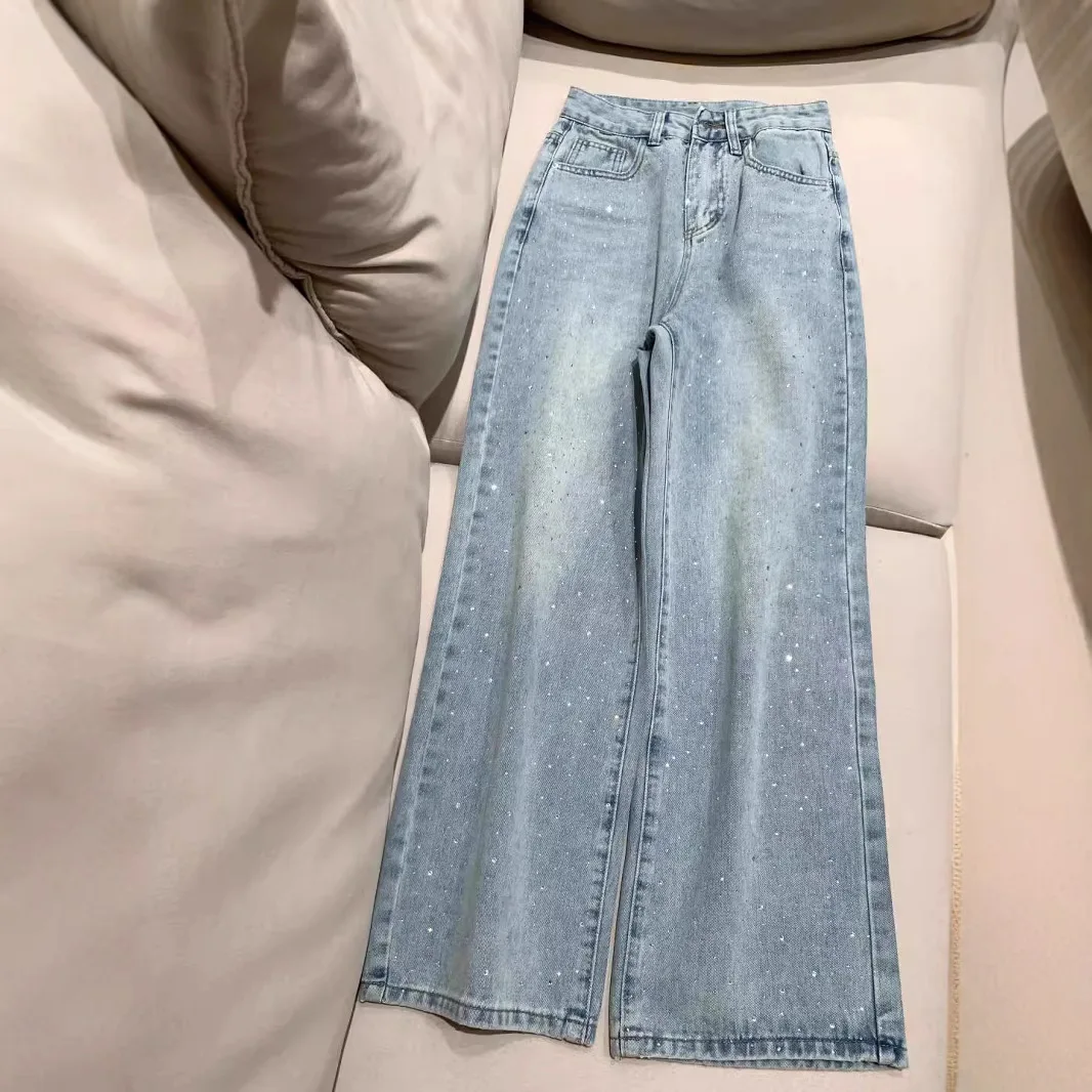 Women's Sparkle Rhinestone High Waist Wide Leg Jeans, Light Blue Washed Straight Leg Denim Pants, Casual Streetwear Bottoms
Women's Sparkle Rhinestone High Waist Wide Leg Jeans, Light Blue Washed Straight Leg Denim Pants, Casual Streetwear Bottoms