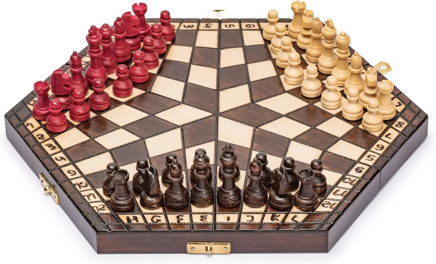 Wooden Three-Player Chess Set - 12 Inches - Foldable Board with Handcrafted Pieces and Felt Storage
Wooden Three-Player Chess Set - 12 Inches - Foldable Board with Handcrafted Pieces and Felt Storage