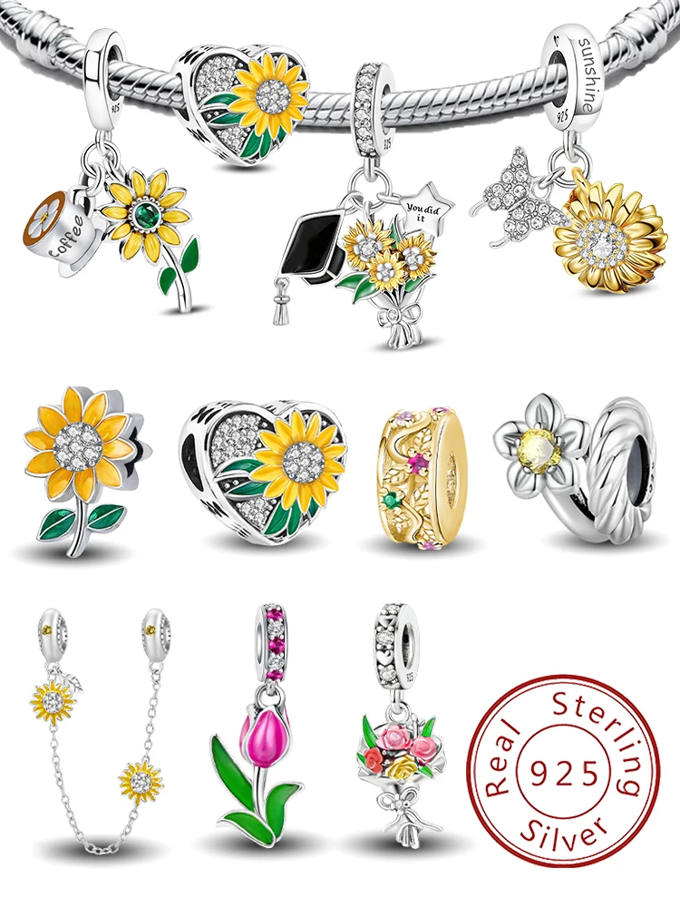 Бусина-шарм из серебра 925 пробы с цветами: подсолнух, роза, подходит для оригинальных браслетов Pan, высококачественные украшения для женщин, DIY-аксессуары.
Бусина-шарм из серебра 925 пробы с цветами: подсолнух, роза, подходит для оригинальных браслетов Pan, высококачественные украшения для женщин, DIY-аксессуары.