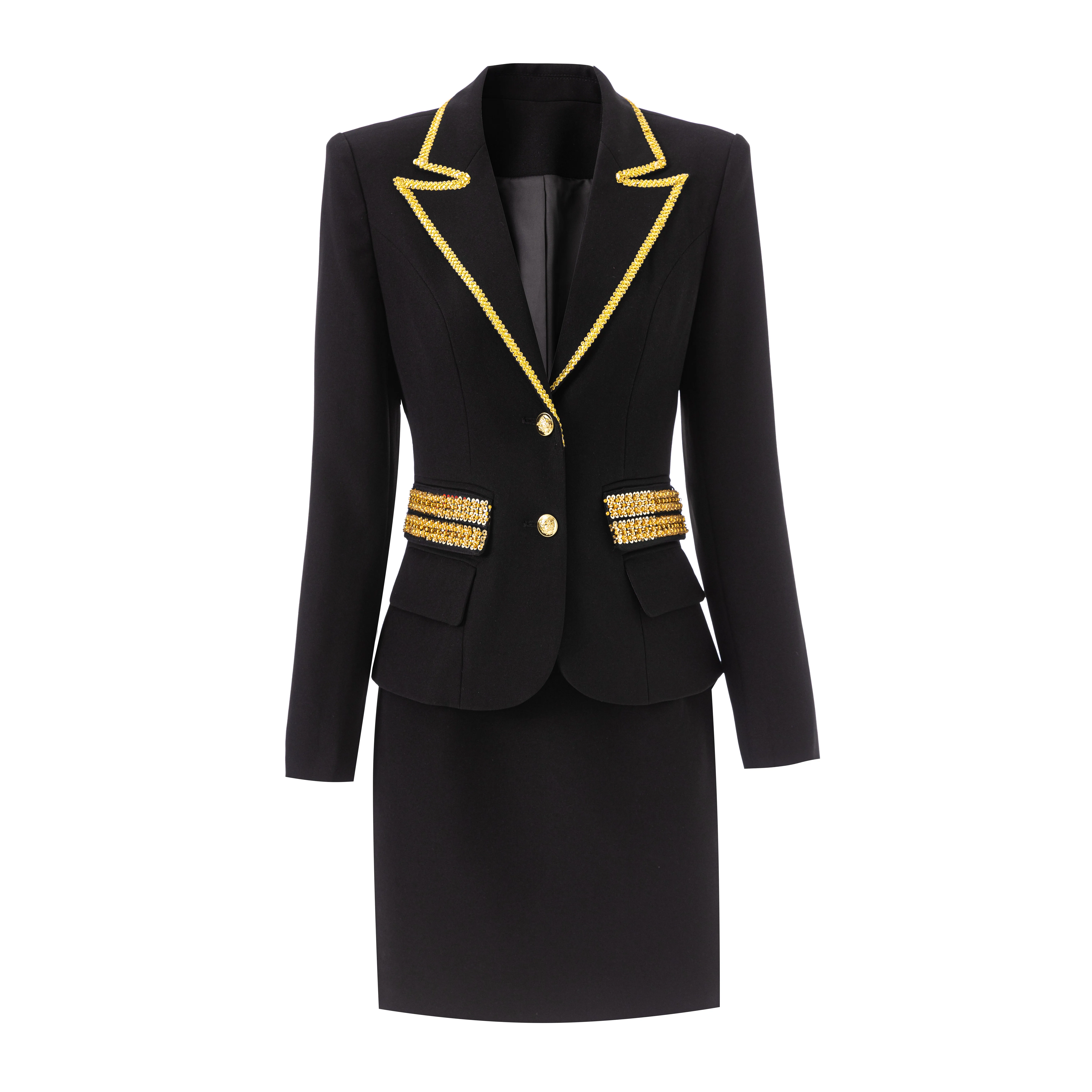 high-end professional suit set for women in black and gold color scheme with gold border decoration TRAF Y2K workplace 2025 new
high-end professional suit set for women in black and gold color scheme with gold border decoration TRAF Y2K workplace 2025 new