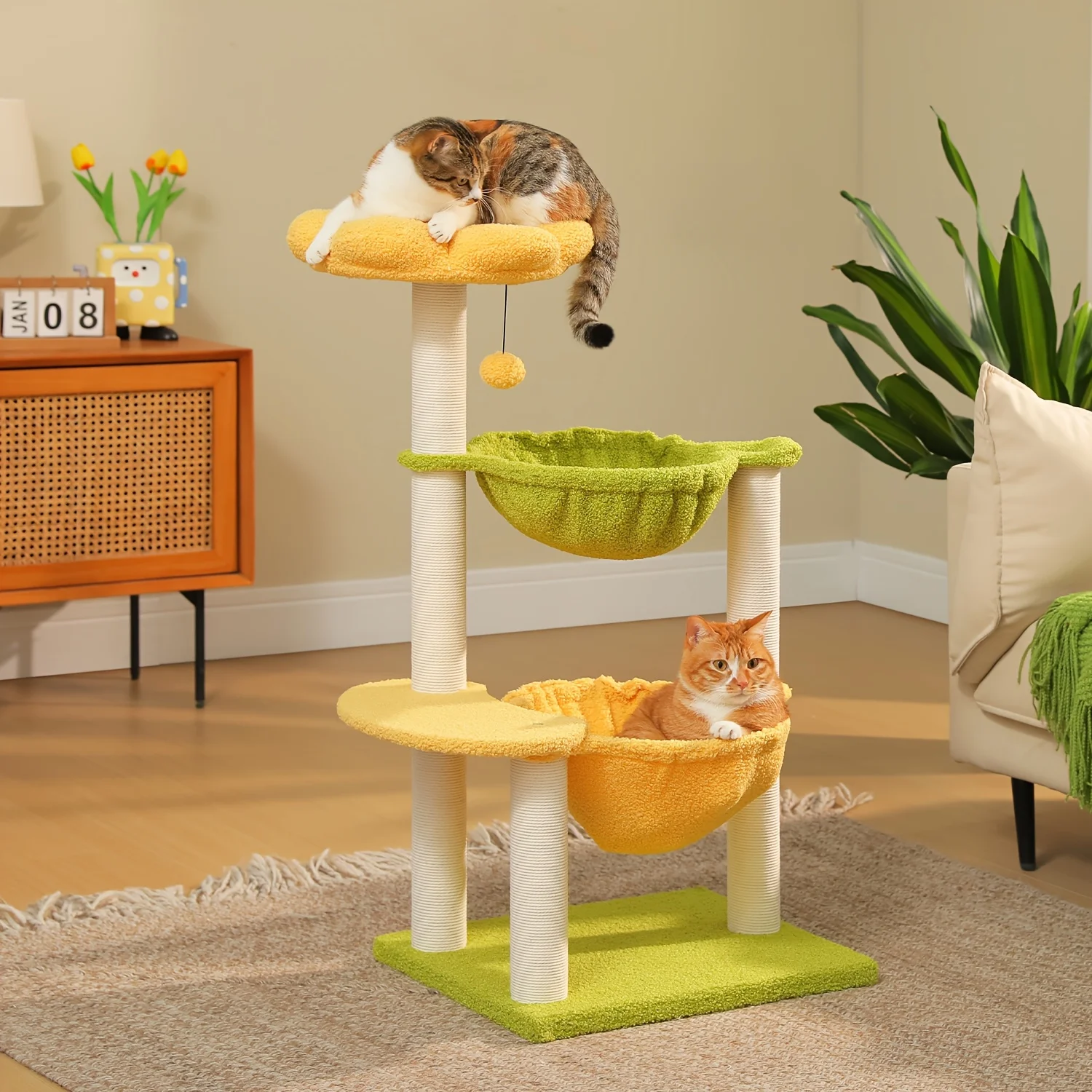Charming Feline Tree Featuring Two Roomy Hammocks, Six Sturdy Sisal Scratching Posts, Engaging Toys, And a Comfortable Flower-Shaped Perch, Perfect for Cat Lovers
Charming Feline Tree Featuring Two Roomy Hammocks, Six Sturdy Sisal Scratching Posts, Engaging Toys, And a Comfortable Flower-Shaped Perch, Perfect for Cat Lovers