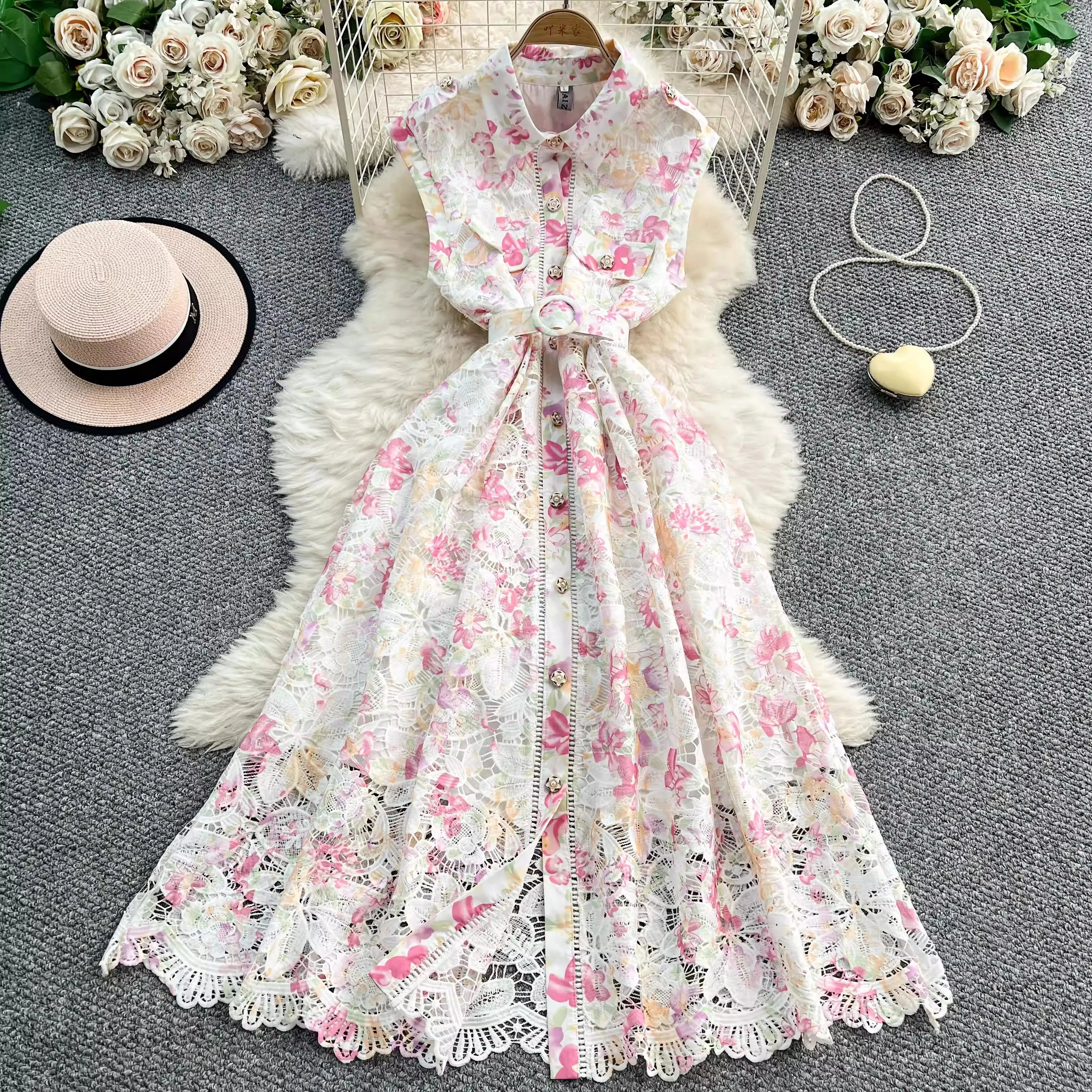 Summer Floral Print Midi Dress Women Turn Down Neck Sleeveless Embroidery Lace Hollow Out Chic A Line Beachwear Female Dress
Summer Floral Print Midi Dress Women Turn Down Neck Sleeveless Embroidery Lace Hollow Out Chic A Line Beachwear Female Dress