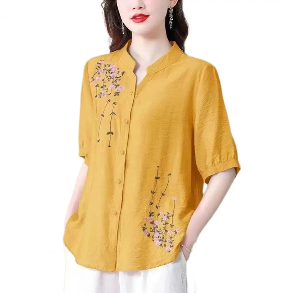 Lightweight Women Shirt Floral Embroidery Stand Collar Women's Shirt Loose Fit Short Sleeve Summer Blouse Single Breasted Spring
Lightweight Women Shirt Floral Embroidery Stand Collar Women's Shirt Loose Fit Short Sleeve Summer Blouse Single Breasted Spring