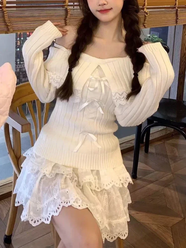 Korean Elegant Knitted Sweet Sweater Women Lace Long Sleeve Off Shoulder Knit Pullovers New Bow Design Casual Harajuku Clothing
Korean Elegant Knitted Sweet Sweater Women Lace Long Sleeve Off Shoulder Knit Pullovers New Bow Design Casual Harajuku Clothing