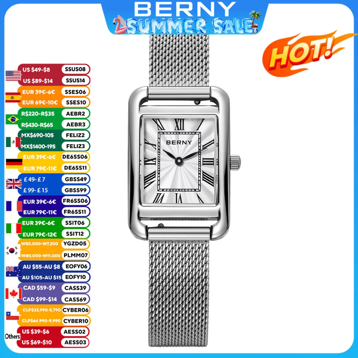BERNY Rectangle Women Wristwatch Quartz Fashion Versatile Sapphire Ladies Watch Stainless Steel Mesh Strap Women Square Watches
BERNY Rectangle Women Wristwatch Quartz Fashion Versatile Sapphire Ladies Watch Stainless Steel Mesh Strap Women Square Watches