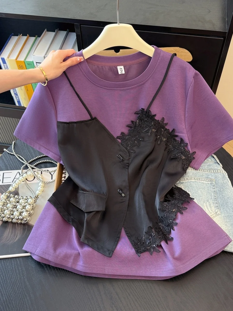 Lace Splice Short Sleeve T-Shirt Women's plus Size Fat MM Anti-Aging Base Shirt Slimming Top Design Sense Fake Two-Piece
Lace Splice Short Sleeve T-Shirt Women's plus Size Fat MM Anti-Aging Base Shirt Slimming Top Design Sense Fake Two-Piece