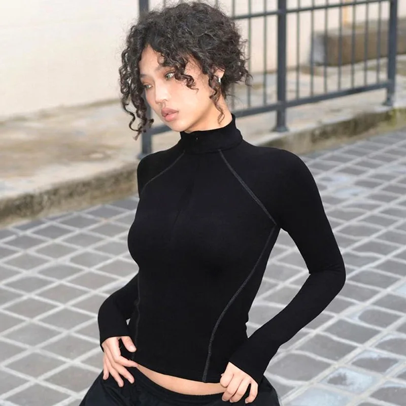Spring Autumn Stitch Zipper Long Sleeve Y2K Crop Tops Women Streetwear Tees Casual Winter Turtleneck Black Basic T Shirt
Spring Autumn Stitch Zipper Long Sleeve Y2K Crop Tops Women Streetwear Tees Casual Winter Turtleneck Black Basic T Shirt