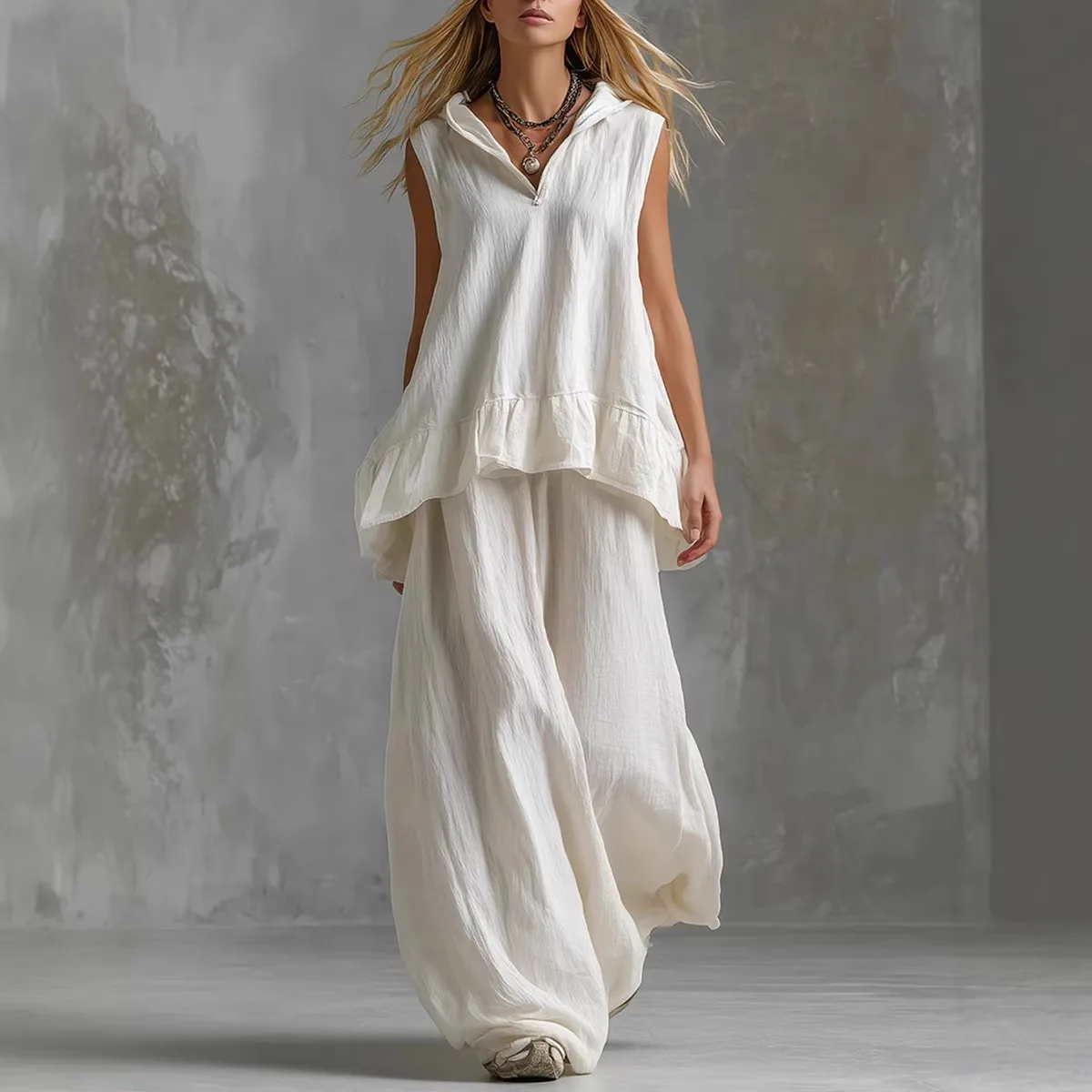 Two Piece Set Women Outfit 2026 Spring Summer New Solid Color V-neck Sleeveless Loose Vest Top & High Waist Casual Pants Set
Two Piece Set Women Outfit 2026 Spring Summer New Solid Color V-neck Sleeveless Loose Vest Top & High Waist Casual Pants Set