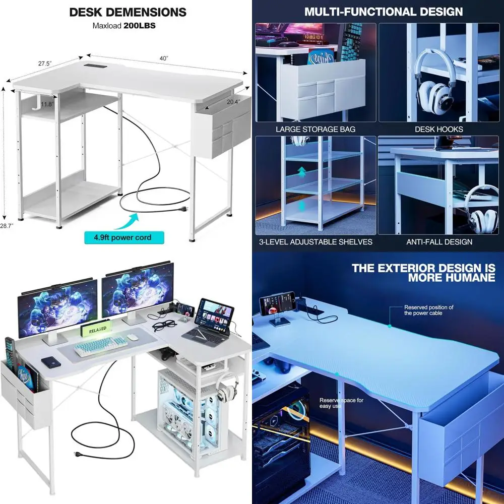 40 Inch L-Shaped Gaming Desk with Power Outlets, Reversible Shelves, Storage, White
40 Inch L-Shaped Gaming Desk with Power Outlets, Reversible Shelves, Storage, White