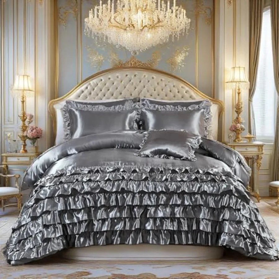 Silk Like Satin Comforter Set 8 Pieces Bed in a Bag Size Sliver Ruffle Design Luxury Comforter Set with 1 Comforter 4 Pillowcas
Silk Like Satin Comforter Set 8 Pieces Bed in a Bag Size Sliver Ruffle Design Luxury Comforter Set with 1 Comforter 4 Pillowcas